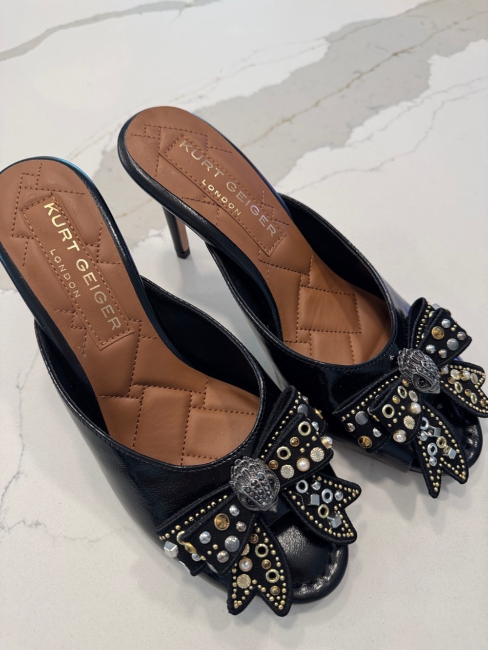 Kurt Geiger Black Jeweled Bow Heel Mules